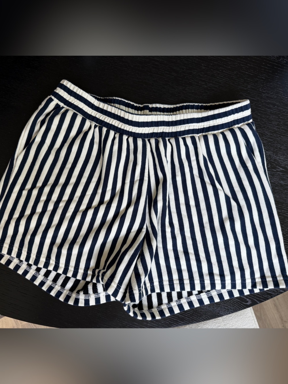 FRENCH TERRY SOUTHERLY SHORT IN NAVY AND WHITE STRIPE DUFFIELD LANE